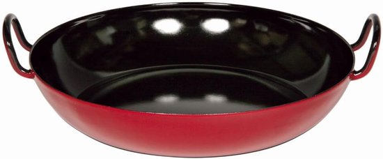 0603-019, sleep pan 30, CLASSIC - KLEUR ROOD, diameter 30 cm, hoogte 7,9 cm, email, rood/zwart, serveerpan, inductie