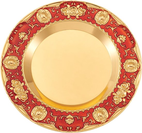 1 st vintage sprekende tafel bord goud en rood 20 cm plat rond feestbord Europese stijlen ijzeren paneel voor geur activiteit bloemen patronen fruitlade voor dineren picknick verjaardag