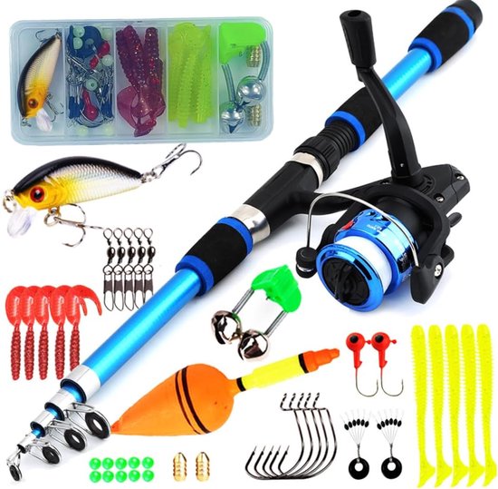 1 stuk - Kindervishengel - Vishengel set voor kinder - Visuitrustingsset - Hengelset - Met opbergrol en accessoires - 1.8m telescopisch - Veilig speelgoed - Geschikt voor zowel beginnende als enthousiaste vissers - blauw