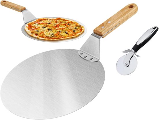 1 stuk pizza- en taartschep met houten handvat, pizzaschep met houten handvat, pizzaschep van rond roestvrij staal, met pizzames van roestvrij staal (zilver)