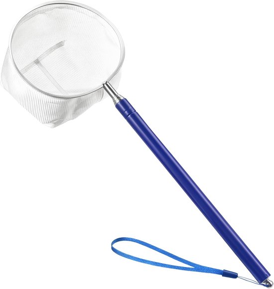 10 cm, rond schepnet, aquariumnet, klein visnet, garnalennet met 31,5 cm tot 109 cm lange uittrekbare roestvrijstalen handgreep voor aquaria, kleine vijvers, garnalen (blauw rond)
