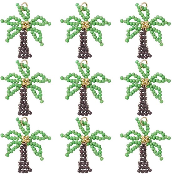 10 glazen bedels in de vorm van een kokosboom, rocaillekralen, tropische hangers, verguld met 18 karaats goud, Hawaïaanse palm, ideaal voor het maken van sieraden (halskettingen, armbanden