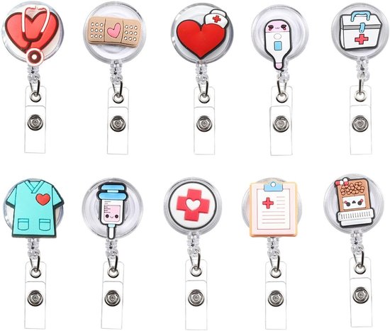 10 ID Clips voor Verpleegkundigen, Retractable Spool voor ID Kaarten, Creatieve Patroon Kaarthouder met Lanyard Bevestiging