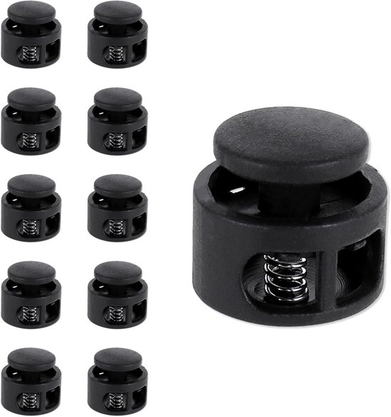 10 Stuks Dubbel Gat Koordstopper voor Veters en Trekkoorden - Zwart Plastic Sluiting voor Sportkleding, Tassen en Hoeden