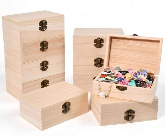 10 stuks houten doosje met deksel 15x10x6cm Houten kist rechthoekige houten schatkist sieradenkistjes van hout opbergdoos met scharnieren DIY herinneringsdoos voor Opbergen en Decoreren
