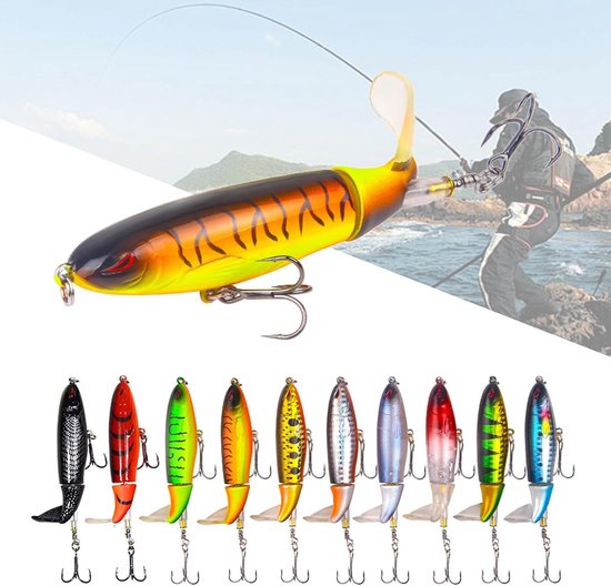 10 Stuks Kunstaas Set - 9cm Bass Popper Met Draaitail - Zoet/Zoutwater - 3 Drievoudige Haken - Multilaag Reflecterende Coating - Voor Baars/Snoek van Merkloos