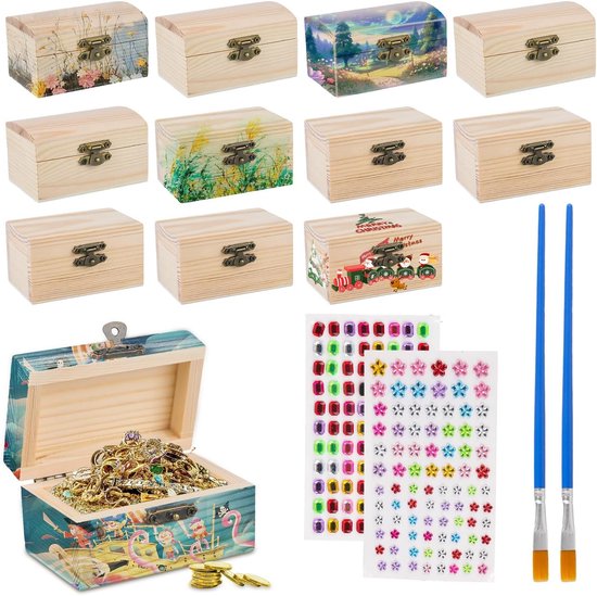 10 stuks mini-schatkist, doe-het-zelf kleine houten kist met deksel, kleine houten schatkisten, schatkist, kinderverjaardag met diamantstickers voor schilderen en knutselen, piratenfeest, verjaardag