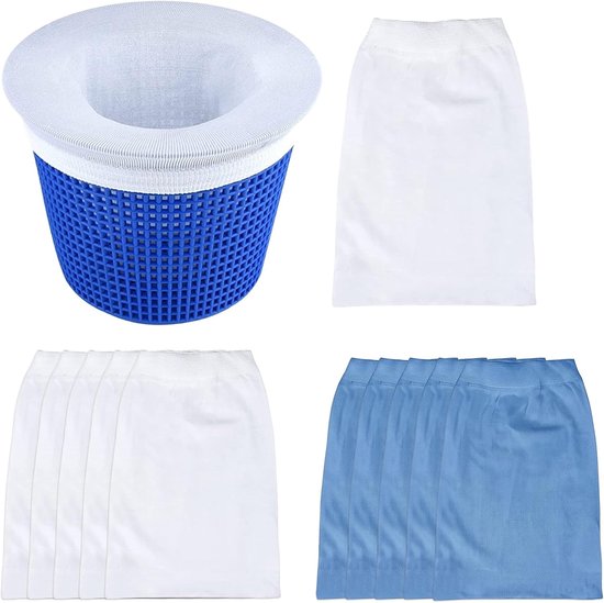 10 stuks sokken voor zwembadskimmer, 5 wit en 5 blauw, ultradunne netfilters voor skimmorf, elastische herbruikbare sokken voor het verwijderen van bladeren, haren en vuil, pompbescherming