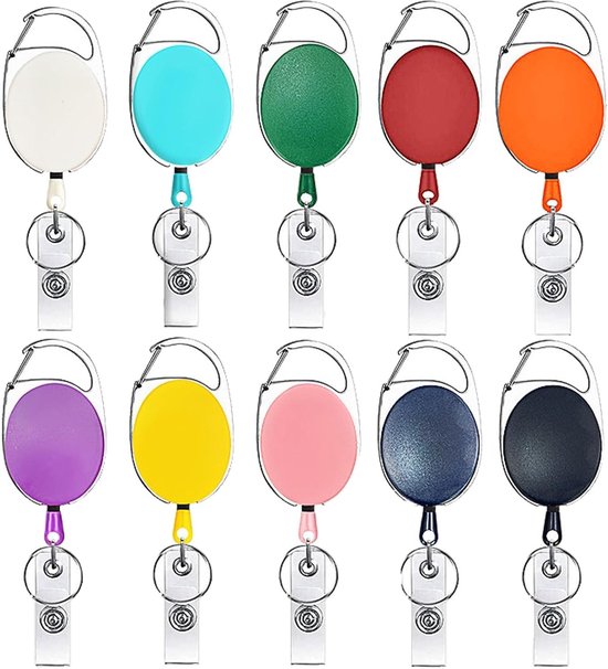 10 Stuks Uittrekbare Badge Reel met Carabiner, Stevige Sleutelhanger voor ID Kaarten en Toegangspassen