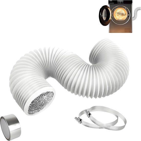 100 mm, lengte 2,5 m, witte flexibele buis, pvc-slang aluminium, met 2 slangklemmen, roestvrij staal en 2 m plakband voor airconditioning, afzuigkap, wasdroger
