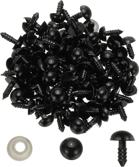 100 stuks 10 mm kunststof veiligheidsogen met sluitringen voor pluche dieren, haken, speelgoed, poppen, knutselen, zwart