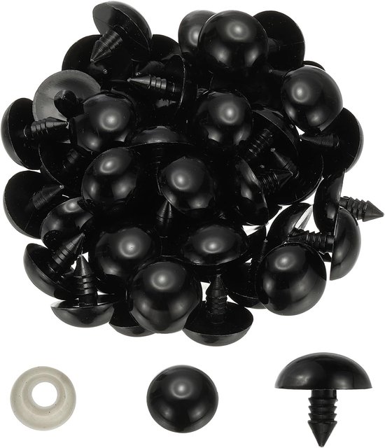 100 stuks 20 mm kunststof veiligheidsogen met sluitringen voor pluche dieren, haken, speelgoed, poppen, knutselen, zwart