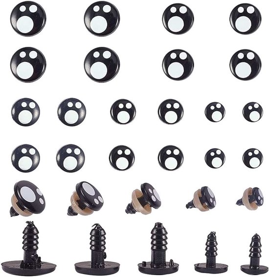 100 stuks 5 maten hars-veiligheidsogen, handwerk, ogen, zwarte stoffen ogen met 100 stuks sluitringen voor pluche dier maken (8 mm, 10 mm, 12 mm, 14 mm, 16 mm)