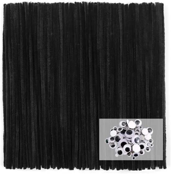 100 stuks Pijpenragers Zwart Pijpenragers om te Knutselen Chenilledraad 30 cm x 6 mm met Zelfklevend Wiebelogen voor Creatieve doe-het-zelf Handwerk Decoratie