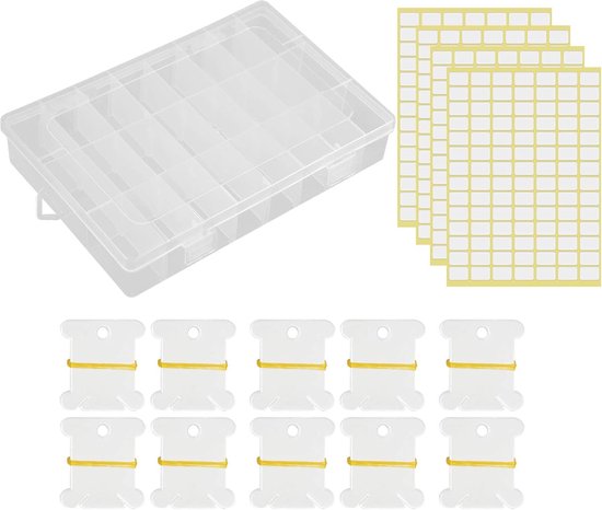100 stuks plastic floss klossen en borduurgaren organisator opbergdoos met 98 stuks floss nummer stickers voor borduurwerk, naaien, knutselen, DIY