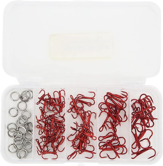 100 Stuks Treble Vishaken en Dubbele Ring Koolstofstaal Haken Triple Haak Voor Kunstaas Zoutwatervissen - Complete Set Met Opbergdoos van Spro