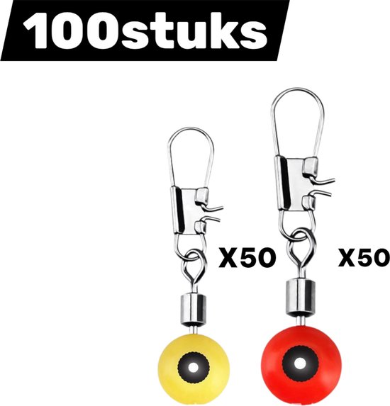 100 stuks - Vismolenklemconnector - Draaibare schuifhaak - Accessoire voor glijdende dobberlijn voor vishengel - Zeebonenconnector (50 medium geel + 50 groot rood) van TYFYMX