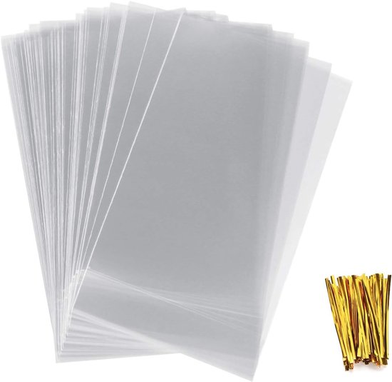 100 zakken met bodem, 180 x 300 mm, 0PP, koekjeszakjes, gebakzakjes, transparante zakken, foliezakjes, cellofaanzakjes, cellofaanzakjes met 100 metalen bindbanden