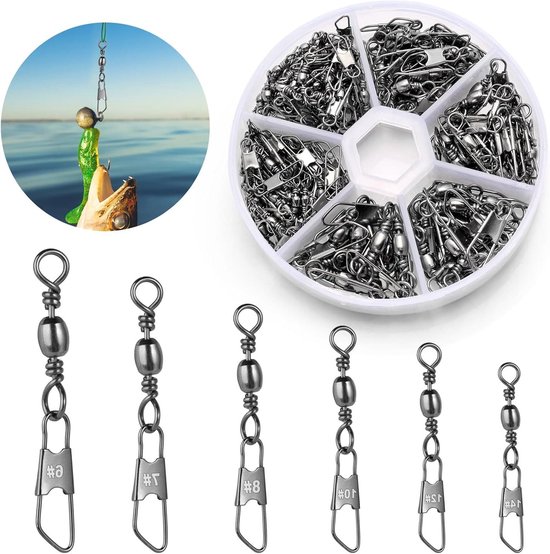 100/200 stuks visserij wartels en clips van roestvrij staal voor veiligheid tijdens het vissen - 6 maten - zeevisserij wartels voor snelle verandering van visserijhaak van Merkloos