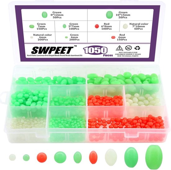 1050 Stuks Plastic Ovalen Luminous Visloods en Aas Kralen Assortiment, Zacht en Lichtgevend Vissersgereedschap voor Vissystemen en Drijvers