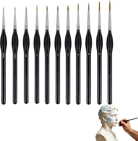 11-delige detailpinsel set - Ultra fijne precisiepenselen voor miniaturen, modelbouw en figuurtjes - Maten 00000 tot 7 - Ergonomische grip - Synthetische penselen zonder haaruitval - Zwart
