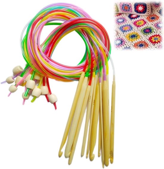 12-delige Bamboe Tunisische Haaknaalden Set met Kleurige Plastic Koord, 3-10mm Haaknaalden voor Dekens, Tapijten en Sjaals