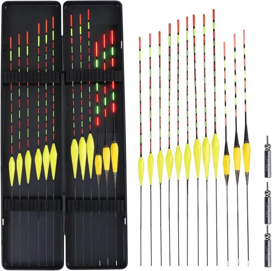 12-delige set dobbers voor vissen, geschikt voor dag en nacht, inclusief tacklebox en accessoires