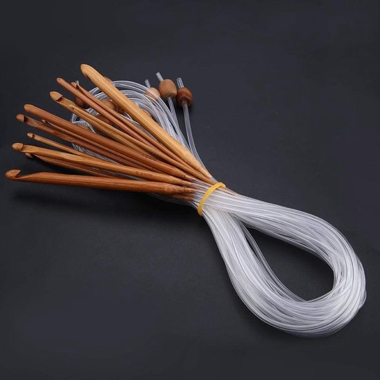 12-delige set haaknaalden van carbonized bamboe met plastic kabel, maat 3-10mm, ideaal voor breien en haken van Merkloos