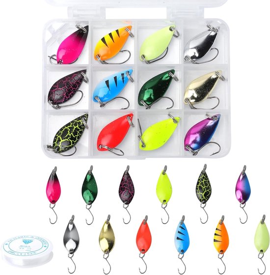 12-delige Visserslepenset voor Forel met Visslijn - Spinner Lures voor Zoet- en Zoutwater, Ideaal voor Forel, Baars en Zalm