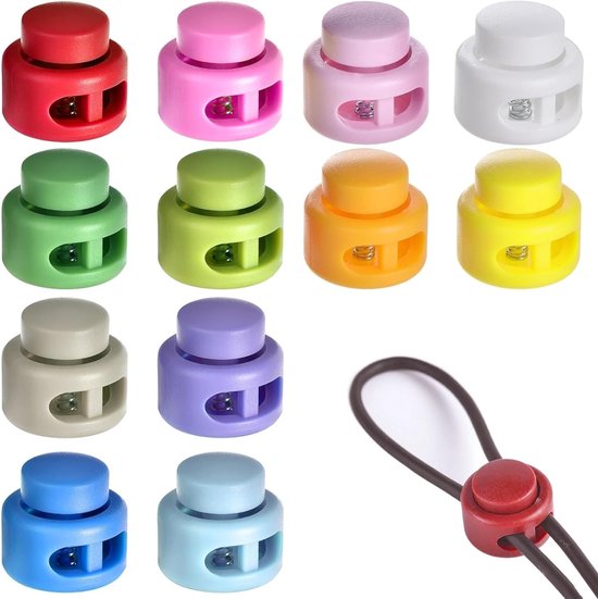12 pcs dubbele gat koordstopper - 2 gekleurde koordclips - koordsluiting - kleurrijke plastic stoppers - verstelbare elasticiteit - optimaal voor koord - koorden - bandklem van Merkloos
