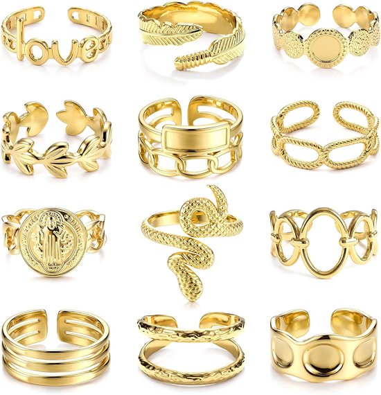 12 Stuks 18K Vergulde Ring voor Vrouwen Roestvrij Staal Stapelbare Ring Boho Signet Slang Ring Verstelbare Open Ring Trouwringen Knokkel Ringen Set Goud