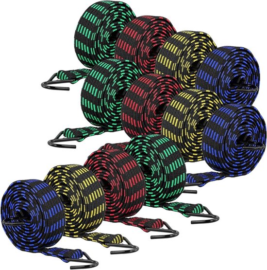 12 Stuks Bungee Koorden met Haken, 2m Elastische Bandjes voor Camping, Fietsen en Bagage Beveiliging