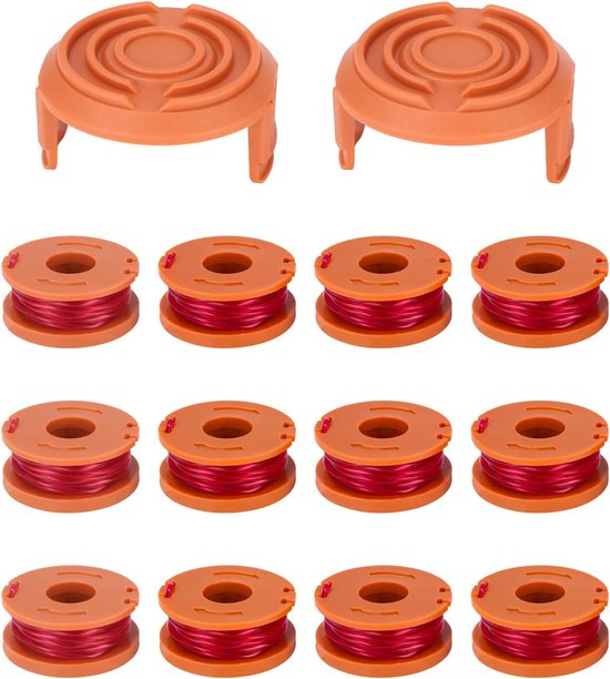 12 stuks grastrimmerdraad voor alle 20 V Worx grastrimmer en 2 stuks trimmerspoeldoppen, 12 spoelen, 2 deksels, trimmer spoelmodel WA0010, grastrimmer spoel voor grastrimmer compatibel met WG163