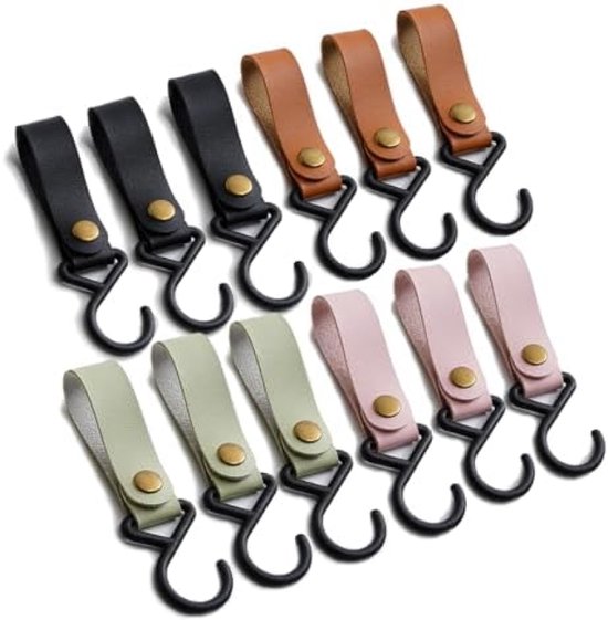 12 stuks haken voor kledingstang, S-haken met leren lus, haken om op te hangen, S-vormige lederen campinghaken, 16 x 2 cm, kunststof, multifunctionele haken voor garderobe, mantel, keuken, badkamer van Riou