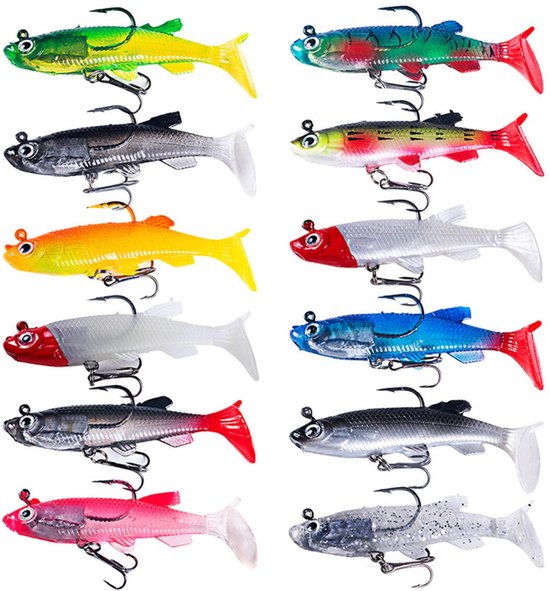 12 stuks - Kunstaas - Visaas - Jerkbaits - Softbait - Crankbaits - Rubberen vis - Kunstaas set - met drie haken, T-staart - voor het vissen op roofvissen zoals snoek, forel, baars en karper - 8 cm van Merkloos