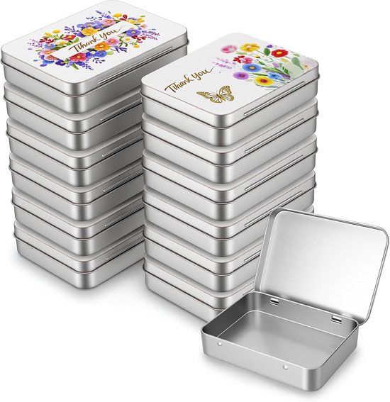 12 stuks lege rechthoekige zilveren metalen blikken opslag organizer geschenkdozen met dank u en bloemen afbeelding patroon op het deksel, 11,5 x 8,5 x 2,2 cm