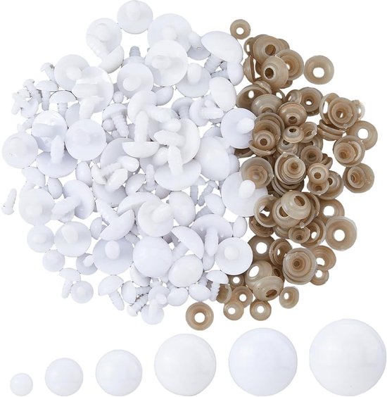 120 stuks 6 maten veiligheidsogen om te haken, 6-20 mm, witte poppenogen, ronde ogen, knutselen, met ringen van kunststof, voor het knutselen van poppen