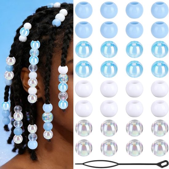 120PCS 12mm Acrylic Hair Beads Kit with Braiding Tool Large Hole Round Blue White Assorted Plastic Pony European - ShopVlot