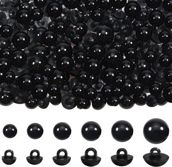 128 Stuks Veiligheidsogen en Haken 8 mm tot 15 mm Zwart Robuuste Dome Plastic Knopen voor Poppenmaken en DIY Creaties