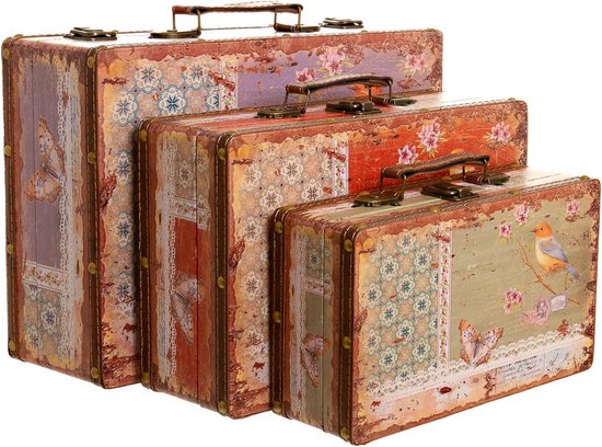 1290 houten kist met leren bekleding en metalen scharnieren - vintage look met ornamenten - set
