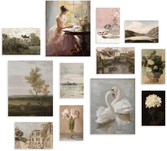 12Pcs Wijnoogst Franse Land Kunst Aan De Muur Foto's, Zwaan Bloemenprints, Huisje Galerij Inrichting voor Slaapkamer Woonkamer Niet Ingelijst