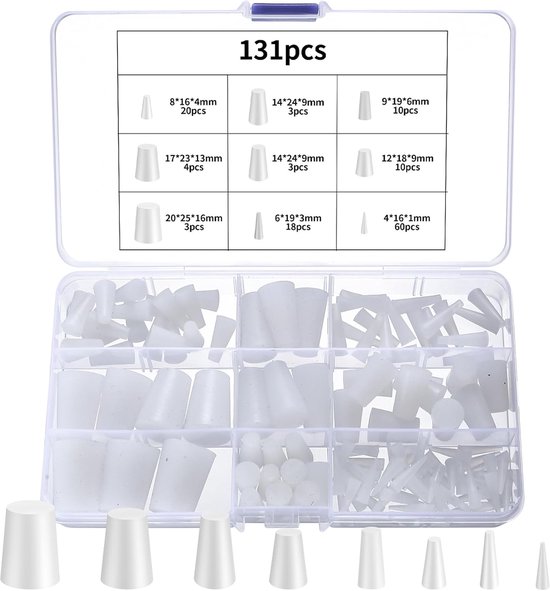 131 Stukken Witte Rubber Stops Conical - Silicone Solid Rubber Stoppers - Silicone Rubber Assortiment Set - Silicone Stops Conical voor het Afdekken van Gaten tijdens Poedercoating. van QLOUNI