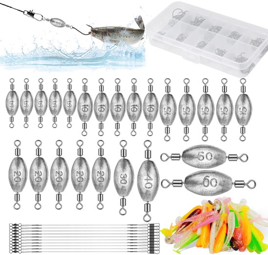134 stuks visloodset, olijfvorm, dropshot, lood, vissen, loodgewichten, vissen met wervels, gel-gewichten, kit - ShopVlot