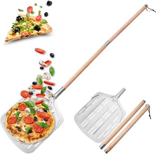 135 cm, duurzame afwerking, geperforeerde pizzaschuiver, pizzaschuiver voor pizzasteen, keuken en bakken, aluminium pizzaschep met 2 afneembare handgrepen