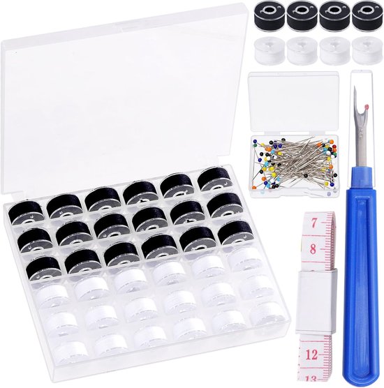 138 stuks zwart-witte voorgewikkelde spoeldraad met doorzichtige plastic opbergdoos, polyester draad voorgewikkelde klossen set naaigaren kit voor handmachine naaien ambachtelijke benodigdheden