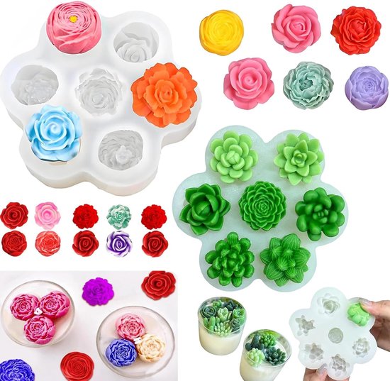 14-delige Moule Silicone Fleur siliconenvorm voor vetplanten, 3D kaarsvorm, bloem siliconenvormen, gietvormen, epoxyharsvormen voor het maken van handgemaakte geurkaarsen, zeep, chocolade