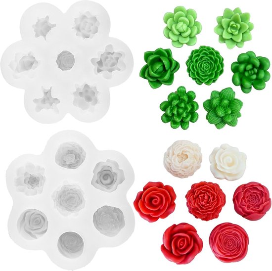 14-delige siliconen vorm, vetplanten, 3D-kaarsvorm, bloemen, gietvormen, epoxyhars, vormen voor het maken van handgemaakte geurkaarsen, zeep, chocolade, gips, harshandwerk