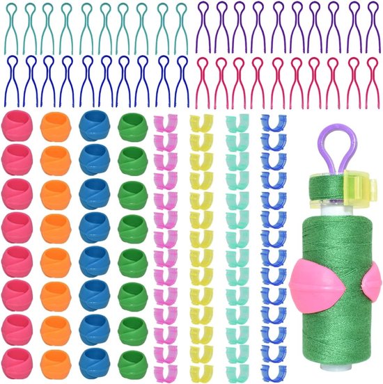 142-delige clips voor het organiseren van spoelen, inclusief 70 clips voor kleurdraden, 32 siliconen houders en 40 spoelhouders voor quilten en naaien.