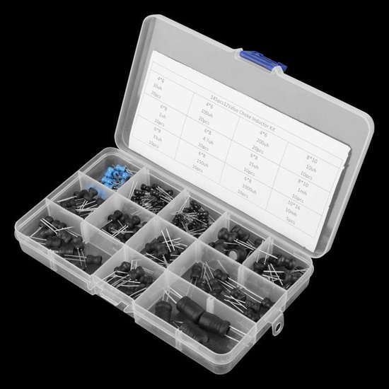 145-delige set montage dip spoelen, 10uH-10mH, 12 waardes, inductoren voor throttles en elektronica.
