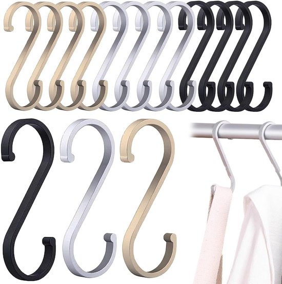 15-delige set S-haakjes van aluminium, multifunctionele haken voor het ophangen van pannen, kleding en accessoires, ideaal voor badkamer, slaapkamer en kantoor, 8 x 2,8 x 0,5 cm, zwart en wit